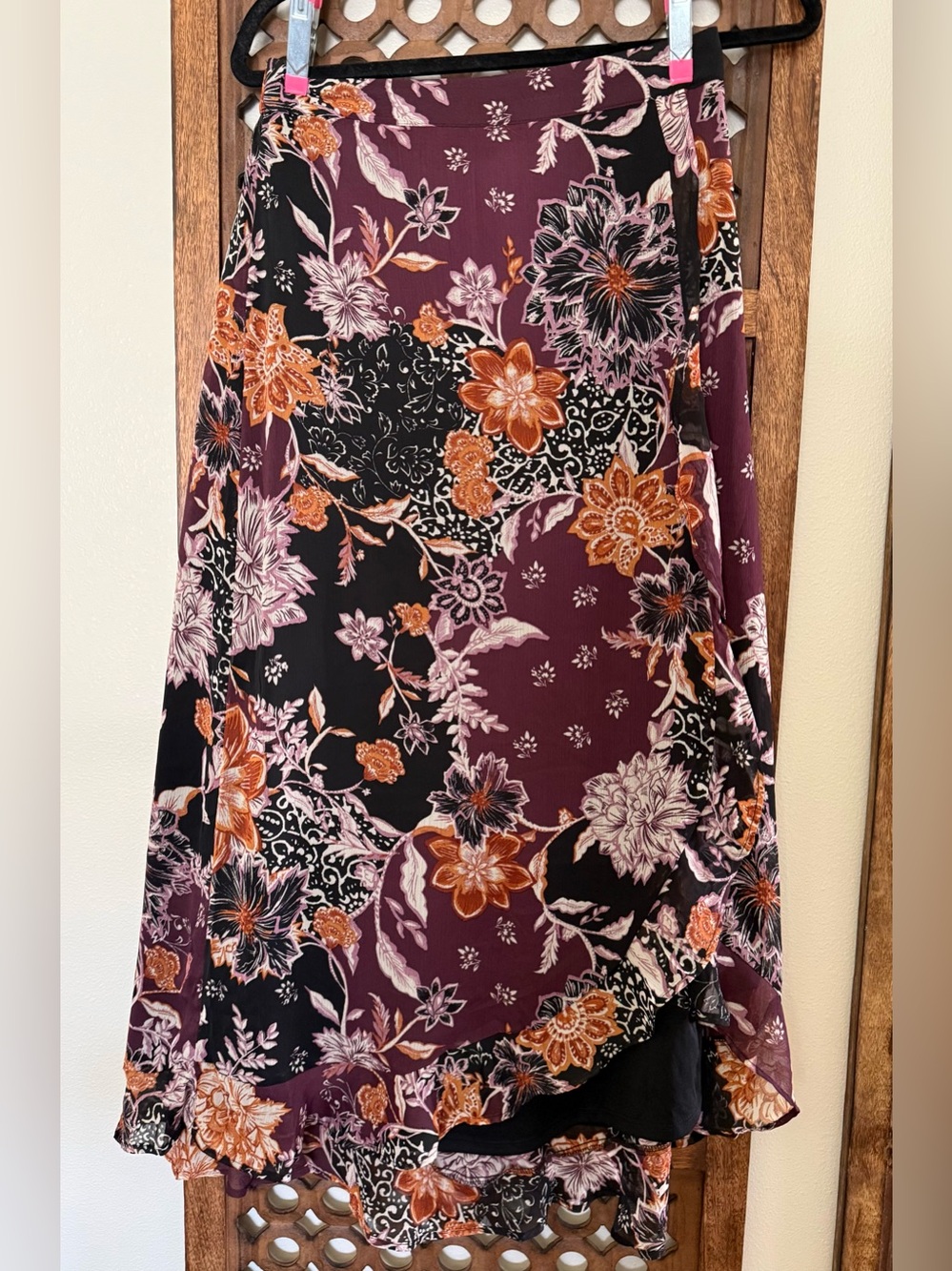 Maurices Floral Faux Wrap Midi Skirt Size Small Boho Burgundy Purple NWOT